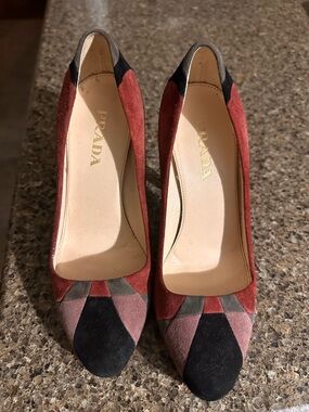 Prada Suede Geometric Pumps in Burgundy, Black and Dusty Pink